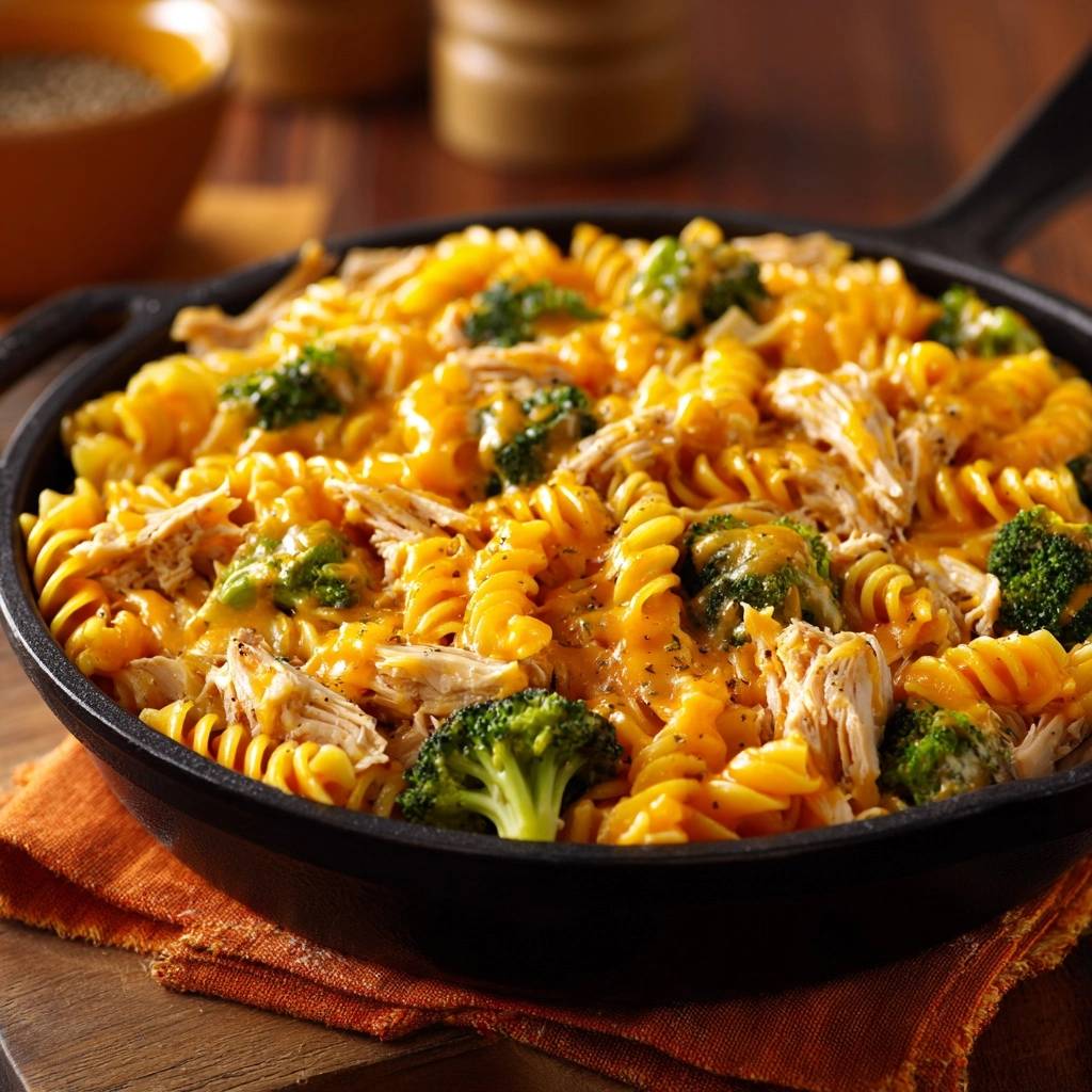 Cremiges Hahnchen Brokkoli Fusilli Draufsicht 1 Cremiges Hähnchen-Brokkoli-Fusilli, serviert in einer Pfanne, mit geschmolzenem Käse und frischem Brokkoli. Ein köstliches und sättigendes Gericht.