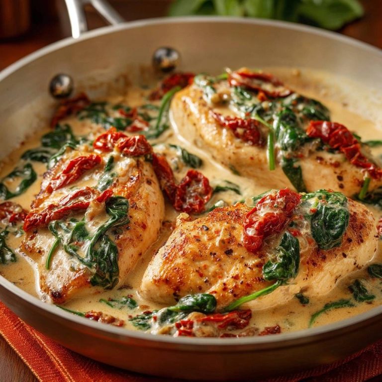 Cremiges Hähnchen mit Spinat & Sonnentomaten in Nahaufnahme, serviert in einer Pfanne mit cremiger Sauce und getrockneten Tomaten.