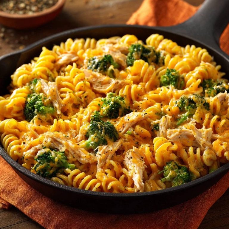 Cremiges Hähnchen-Brokkoli-Fusilli in einer schwarzen Pfanne, serviert mit Brokkoli und zartem Hähnchen, von oben betrachtet.