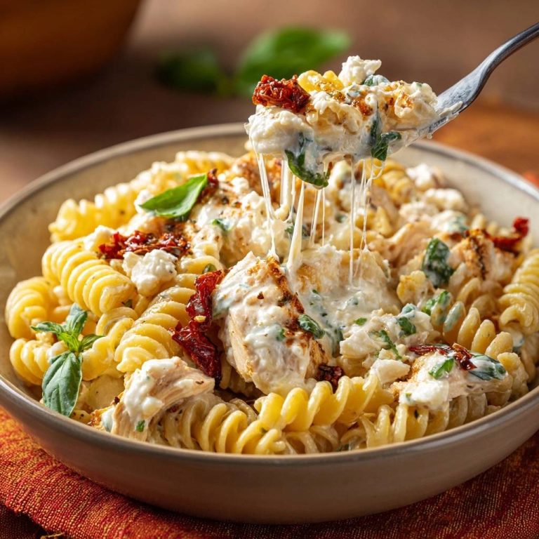 Cremiges Hähnchen-Fusilli mit Feta, Spinat & Tomaten in Nahaufnahme, mit geschmolzenem Käse, der sich von einer Gabel zieht.