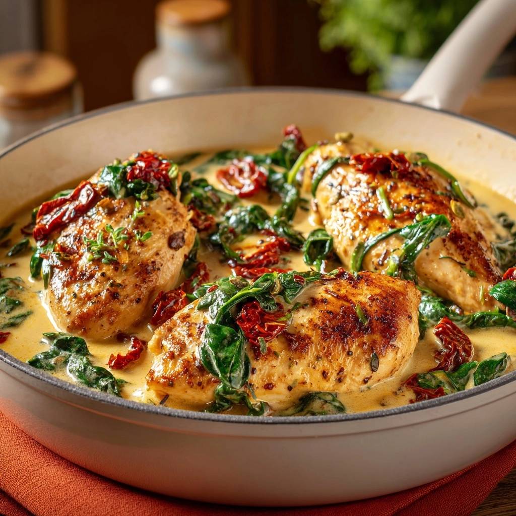 Cremiges Huhnchen Mit Spinat Sonnentomaten Nahaufnahme 1 Cremiges Hähnchen mit Spinat & Sonnentomaten in einer Nahaufnahme, serviert in einer Pfanne, mit frischem Spinat und getrockneten Tomaten.