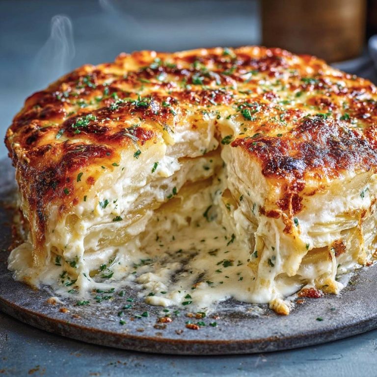 Cremiges Kartoffelgratin mit einem Anschnitt, der die cremige Schichtung und die perfekte Textur des Gratins offenbart.
