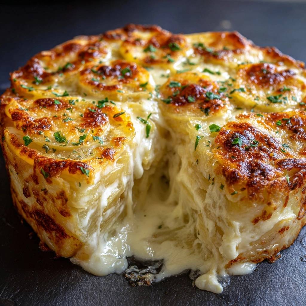Cremiges Kartoffelgratin Querschnitt Mit Kaese 1 Cremiges Kartoffelgratin: Ein Nahaufnahme-Querschnitt zeigt die cremige Käseschicht zwischen den Kartoffelscheiben, perfekt gebacken.