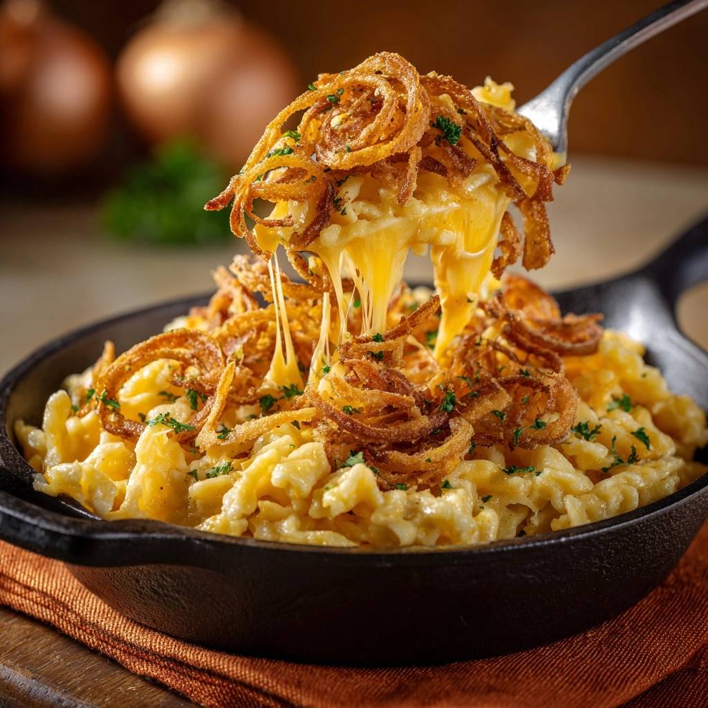 Cremiges Mac And Cheese Mit Knusprigen Zwiebeln Auf Gabel 1 Cremiges Mac and Cheese mit knusprigen Zwiebeln, serviert in einer gusseisernen Pfanne, wird von einer Gabel gehoben, die den Käse zieht.