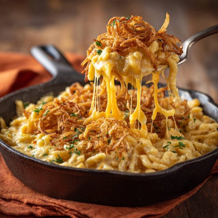 Cremiges Mac and Cheese mit knusprigen Zwiebeln in Nahaufnahme, wobei der geschmolzene Käse zwischen den Nudeln und der knusprigen Zwiebelhaube verläuft.