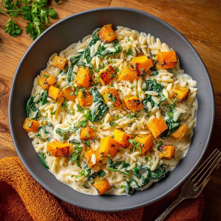 Cremiges Orzo mit geröstetem Kürbis und Spinat, serviert in einer grauen Schüssel, mit einem vollständigen Blick von oben.