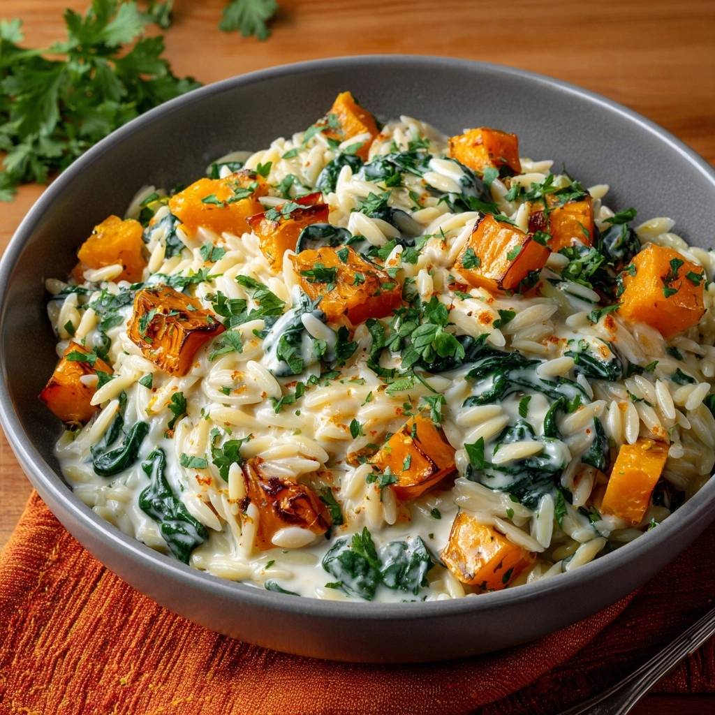 Cremiges Orzo Mit Geroestetem Kuerbis Und Spinat Draufsicht 1 Cremiges Orzo mit geröstetem Kürbis und Spinat, serviert in einer Schüssel, mit frischer Petersilie garniert und von oben fotografiert.