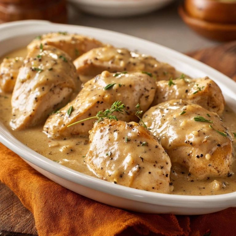 Cremiges Thymian-Hähnchen serviert in einer ovalen Auflaufform, bedeckt mit cremiger Sauce und frischen Kräutern. Ein köstliches Mittagessen.