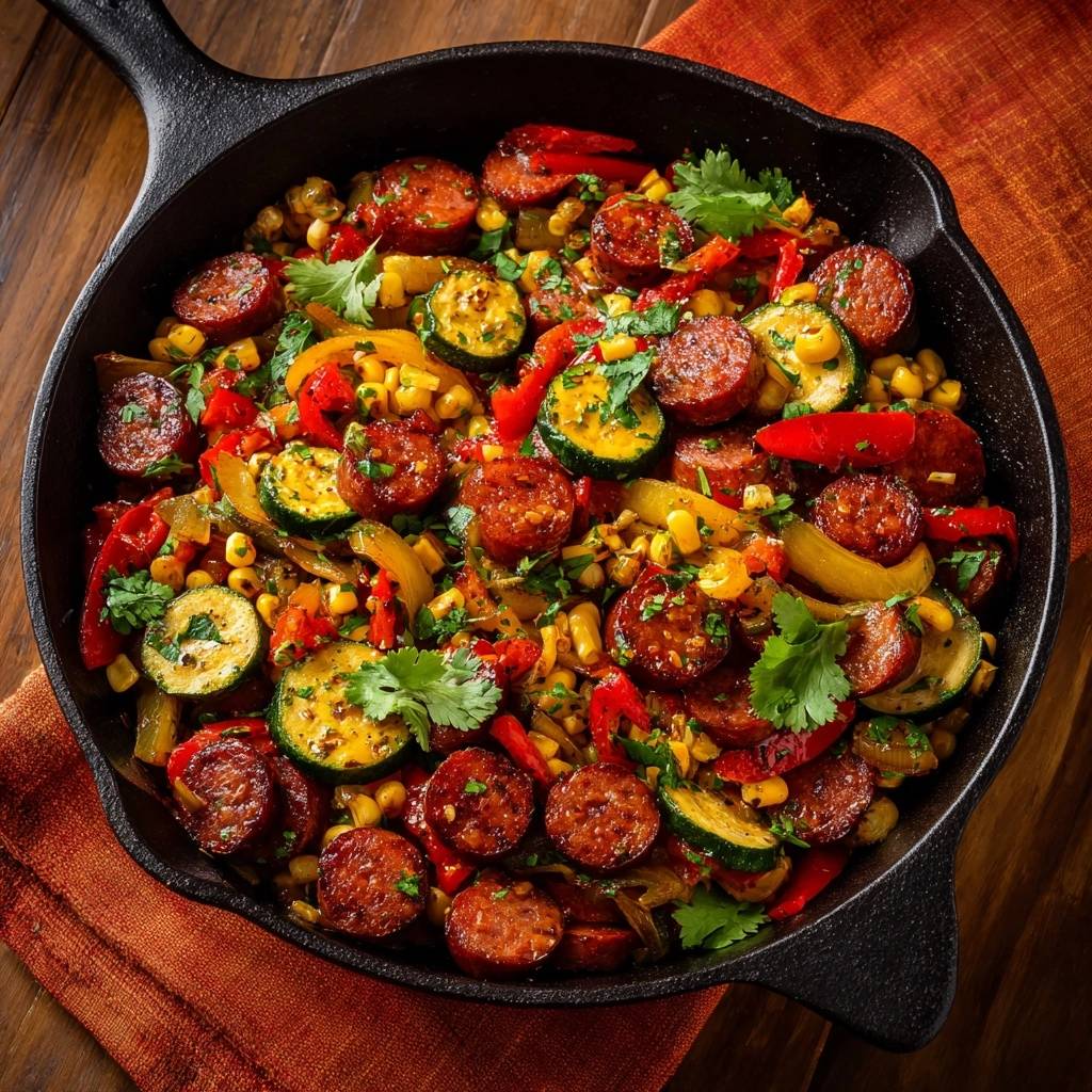 Feurige Wurst Gemuese Pfanne Draufsicht Fertig 1 Feurige Wurst-Gemüse-Pfanne in der Gusseisenpfanne, von oben fotografiert, angerichtet mit frischen Kräutern und buntem Gemüse.