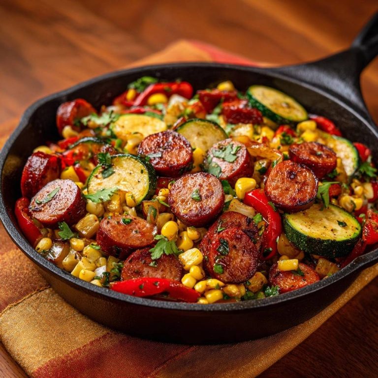 Feurige Wurst-Gemüse-Pfanne in einer gusseisernen Pfanne, mit knackigen Würstchen, Zucchini, Mais und Paprika, garniert mit frischer Petersilie.