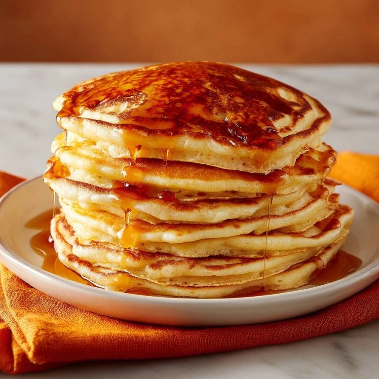 Fluffige American Pancakes mit Ahornsirup, in einer Nahaufnahme von oben serviert, mit goldbraunen Rändern und tropfendem Sirup.
