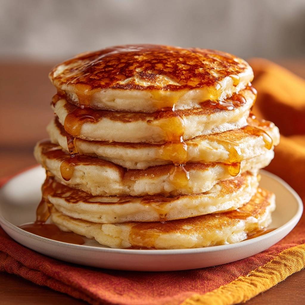 Fluffige American Pancakes Mit Sirup Draufsicht 1 Fluffige American Pancakes, serviert mit goldenem Ahornsirup, der über den gestapelten Pfannkuchen herunterläuft und die Textur betont.