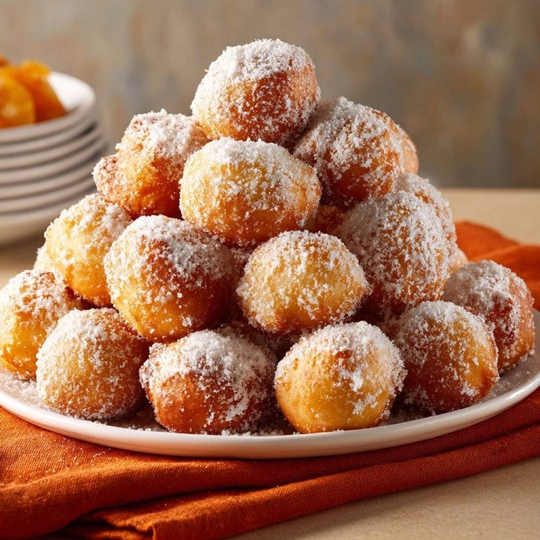 Fluffige Aprikosen-Krapfen sind auf einem weißen Teller gestapelt und mit Puderzucker bestäubt, bereit zum Genießen.