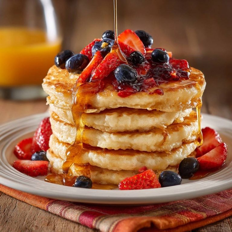 Fluffige Beeren-Pancakes mit Ahornsirup in Nahaufnahme, üppig mit frischen Beeren belegt und mit Ahornsirup beträufelt.