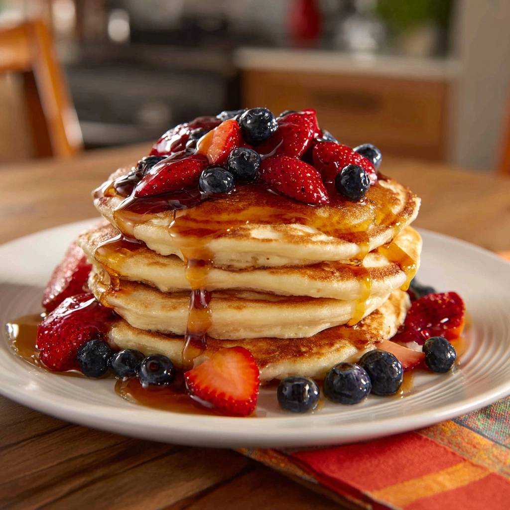 Fluffige Beeren Pancakes Mit Ahornsirup Serviert 1 Fluffige Beeren-Pancakes mit Ahornsirup, serviert auf einem weißen Teller, sind mit frischen Beeren und Ahornsirup garniert.