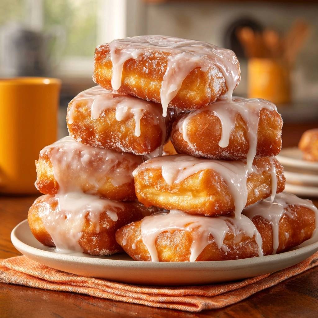 Fluffige Beignets Mit Cremigem Zuckerguss Gestapelt 1 Fluffige Beignets mit cremigem Zuckerguss, gestapelt auf einem Teller, mit reichlich Zuckerguss, der über die goldbraunen Teigstücke fließt.
