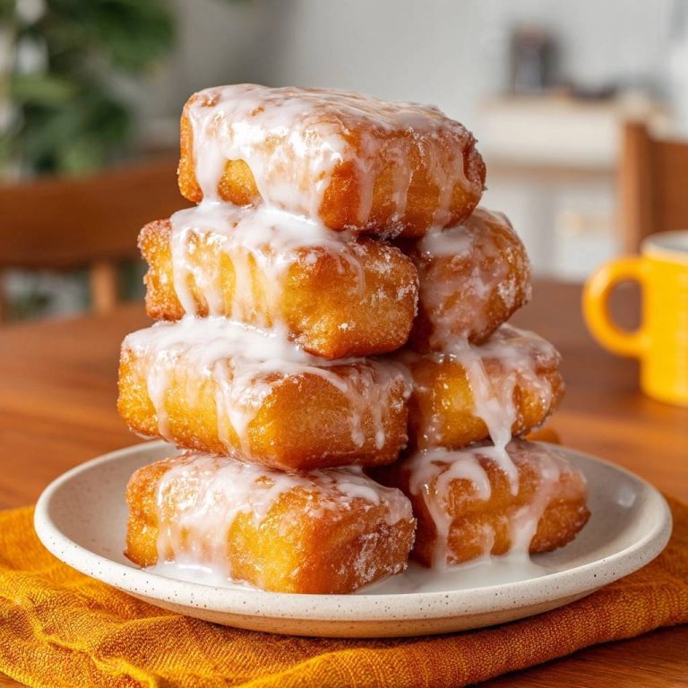 Fluffige Beignets mit cremigem Zuckerguss, gestapelt auf einem Teller, mit reichlich Glasur, die über die goldbraunen Teigstücke tropft.