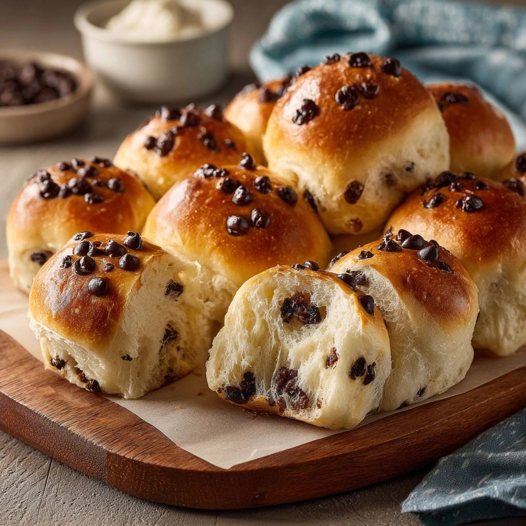 Fluffige Schoko Chip Brotchen Querschnitt 1 Fluffige Schoko-Chip-Brötchen mit Schokoladenstückchen, hier im Anschnitt, zeigen das weiche Innere. Die Brötchen sind frisch gebacken.