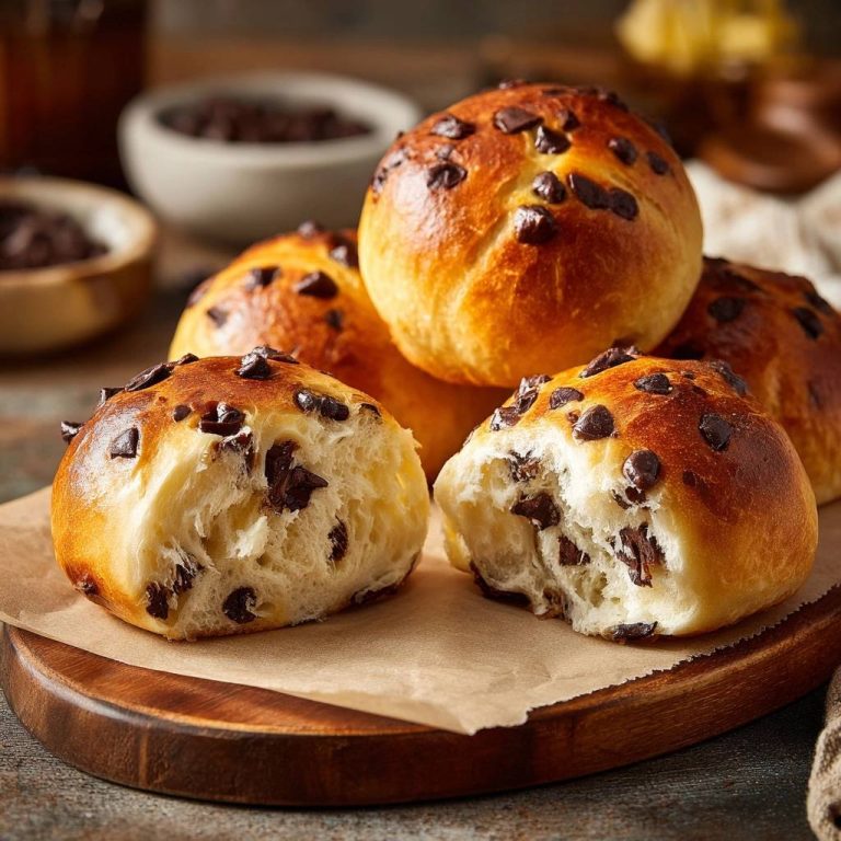 Fluffige Schoko-Chip-Brötchen mit einem saftigen Querschnitt, der die schokoladige Füllung und die Textur zeigt.