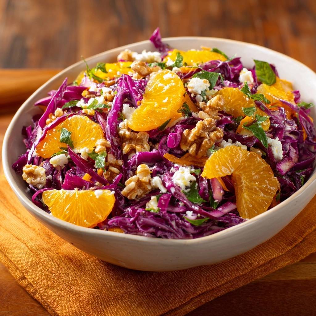 Frischer Rotkohl Orangen Salat Mit Walnussen Serviert 1 Frischer Rotkohl-Orangen-Salat mit Walnüssen und Feta, serviert in einer weißen Schüssel auf einem orangefarbenen Tischtuch. Der Salat ist mit Orangenstücken und Walnüssen garniert.