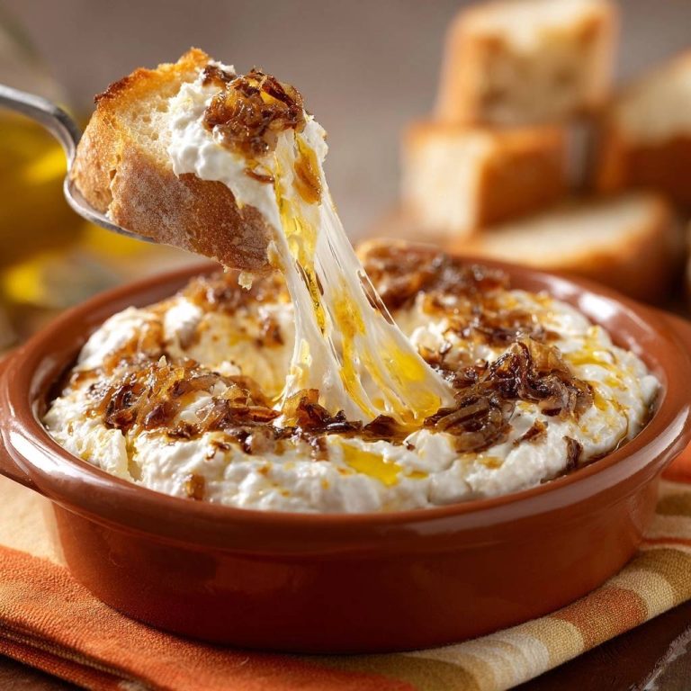 Gebackener Feta-Dip mit Karamellzwiebeln zeigt eine Nahaufnahme, bei der der Käse vom Brot in Fäden gezogen wird. Die cremige Textur lädt zum Genießen ein.