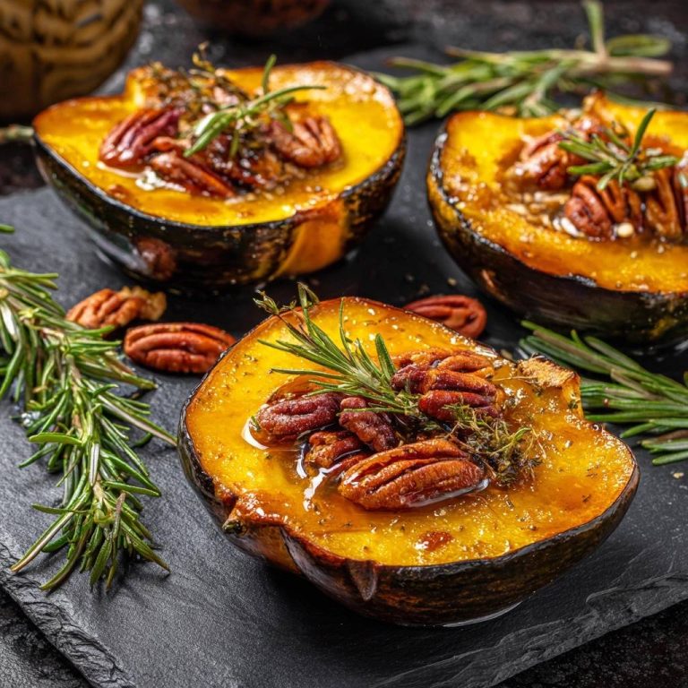 Gebackener Kürbis mit Pekannüssen und Rosmarin, eine Nahaufnahme des herzhaften Gerichts, das mit Rosmarinzweigen und Pekannüssen garniert ist.