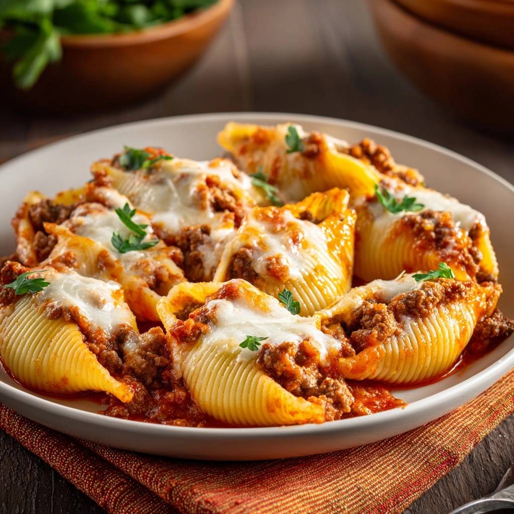 Gefuellte Conchiglie Hackfleischragout Serviert 1 Gefüllte Conchiglie mit Hackfleischragout serviert auf einem Teller, garniert mit frischer Petersilie und geschmolzenem Käse.
