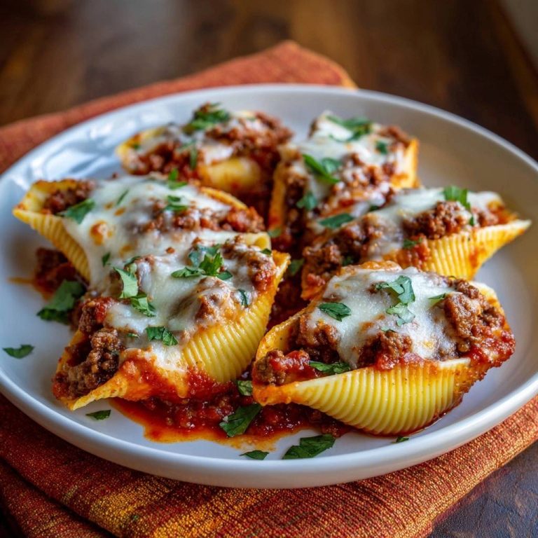 Gefüllte Conchiglie mit Hackfleischragout, serviert auf einem weißen Teller, garniert mit frischer Petersilie und geschmolzenem Käse.