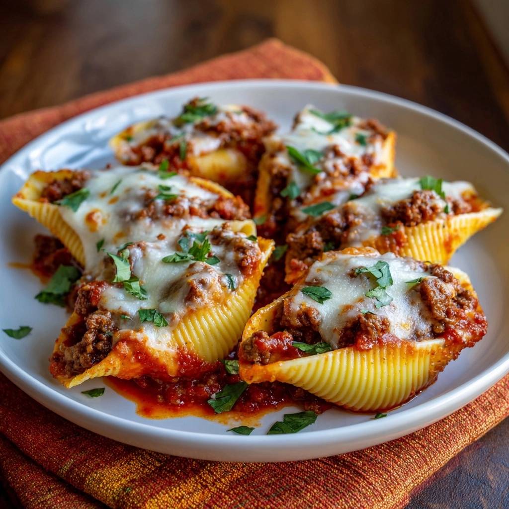 Gefüllte Conchiglie mit Hackfleischragout, serviert auf einem weißen Teller, garniert mit frischer Petersilie und geschmolzenem Käse.