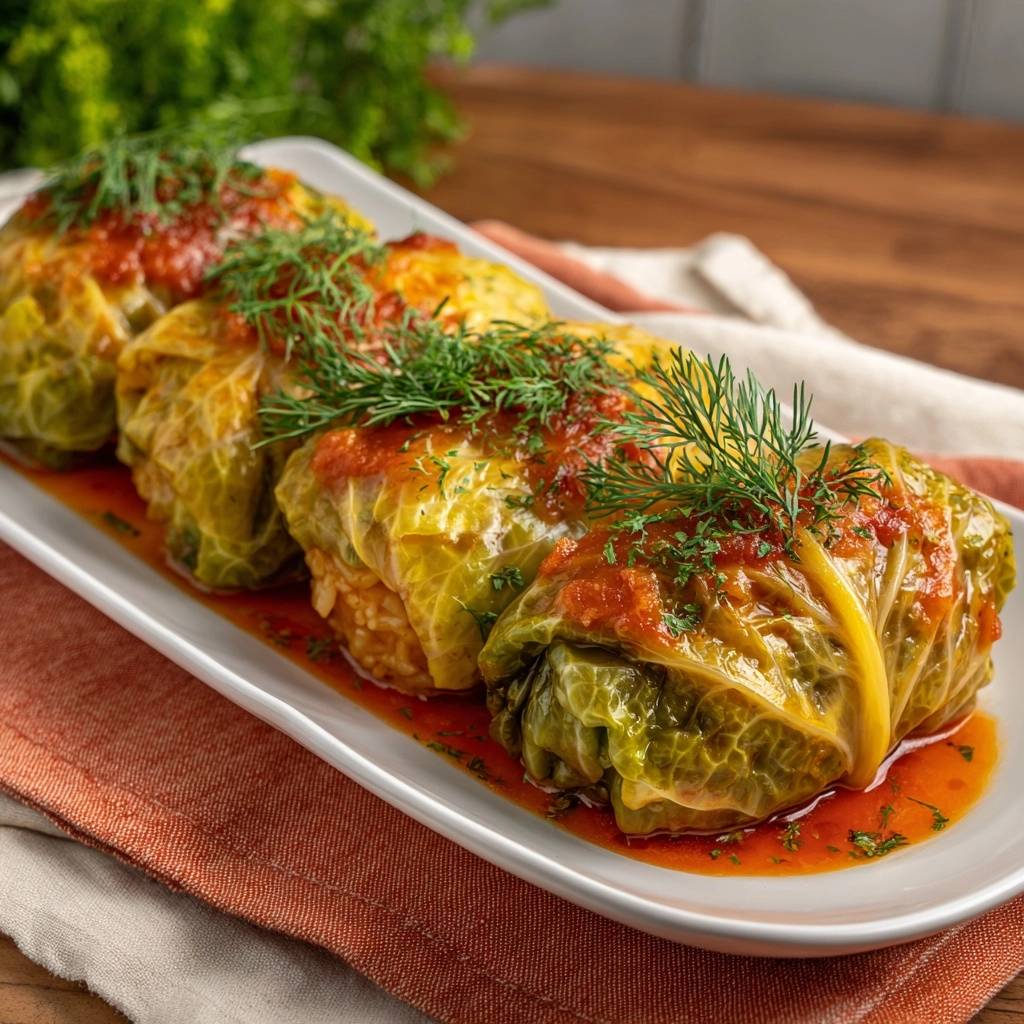 Gefuellte Kohlrouladen Serviert Auf Platte 1 Gefüllte Kohlrouladen, serviert auf einer weißen Platte und garniert mit frischem Dill. Die herzhaften Kohlrouladen sind mit einer köstlichen Tomatensauce bedeckt.