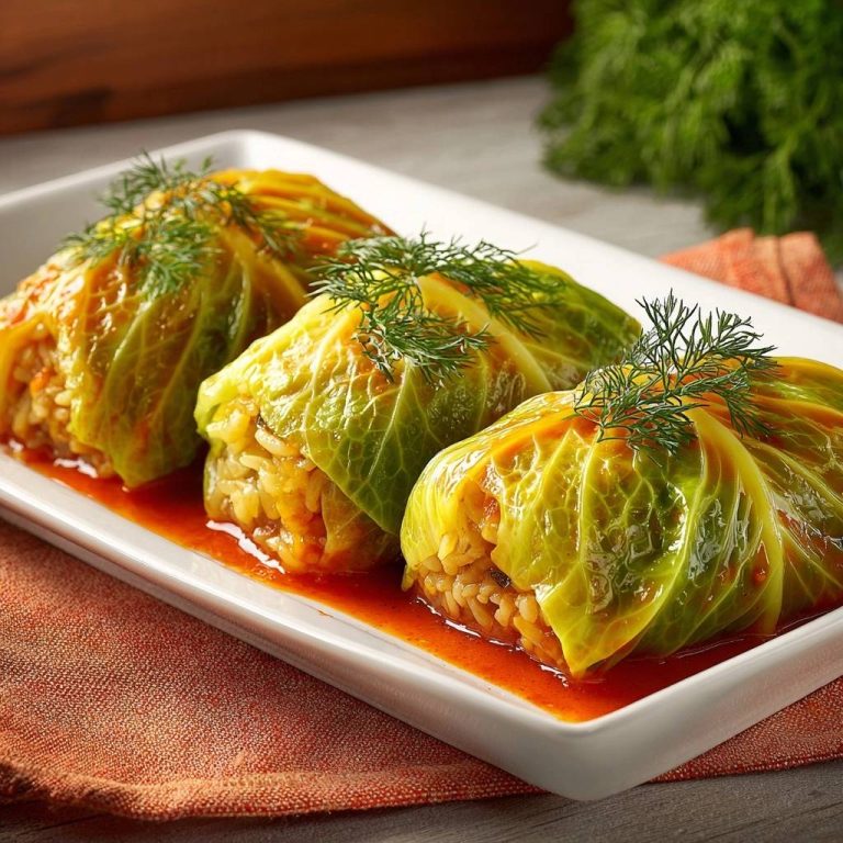 Gefüllte Kohlrouladen, serviert auf einem weißen Teller, garniert mit frischem Dill. Das Gericht liegt in einer würzigen Tomatensauce.
