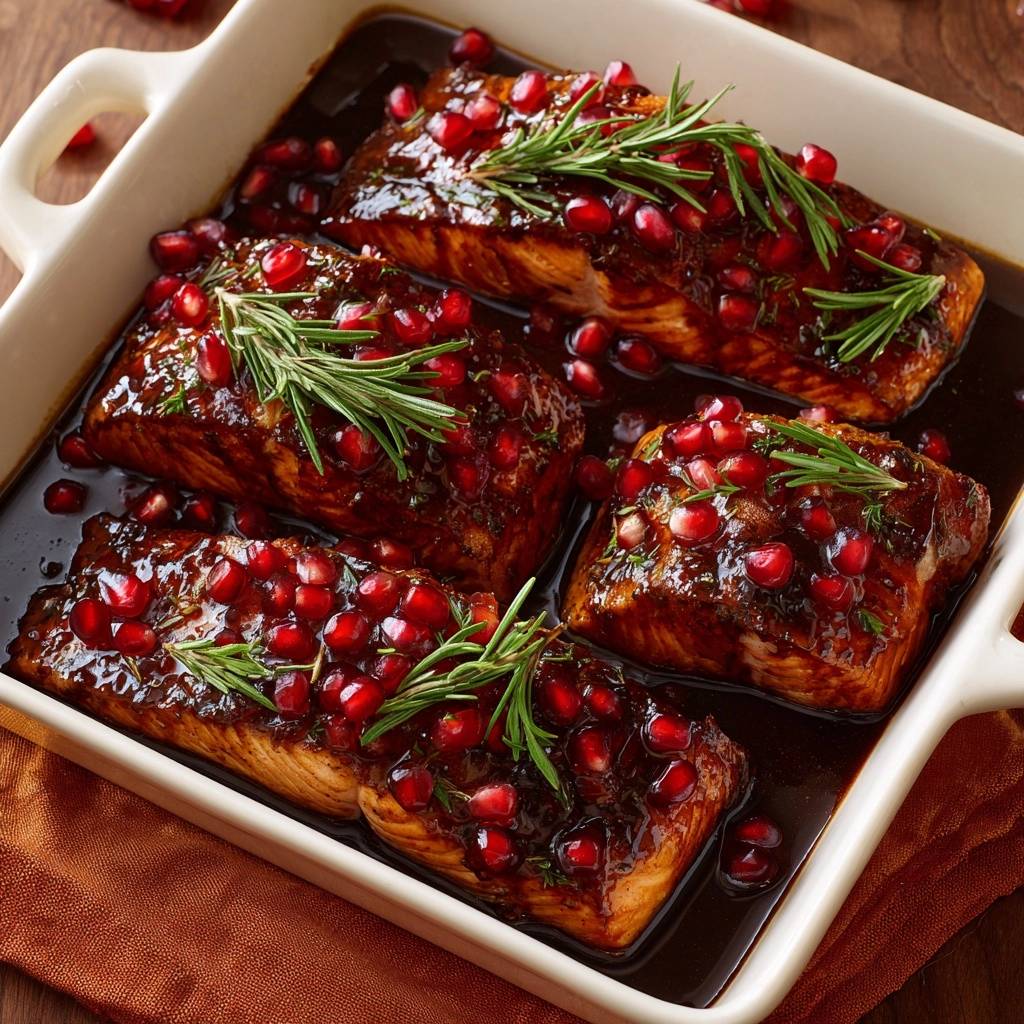 Glasierter Lachs Mit Granatapfel Rosmarin Draufsicht 1 Glasierter Lachs mit Granatapfel und Rosmarin in einer Auflaufform, von oben fotografiert, mit Granatapfelkernen und Rosmarinzweigen garniert.