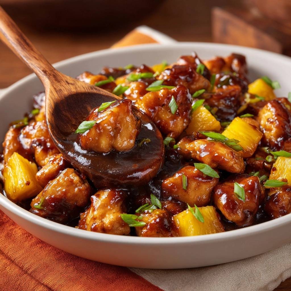 Glasiertes Ananas Huhn Nahaufnahme Mit Lffel 1 Glasiertes Ananas-Hähnchen in Nahaufnahme, serviert in einer Schüssel mit einem Löffel voll saftiger Sauce. Das süß-saure Gericht ist mit frischem Schnittlauch garniert.