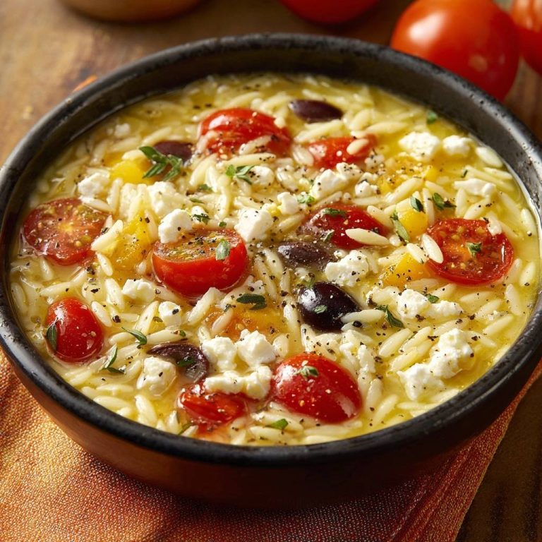 Griechisches Orzo mit Tomaten, Feta und Oliven in Nahaufnahme von oben: Ein köstliches Gericht mit frischen Tomaten, Oliven und Feta-Käse.