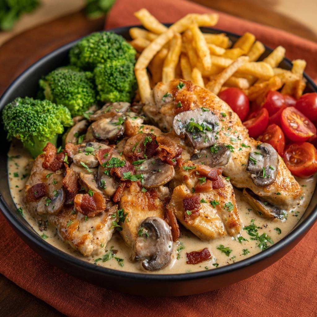Haehnchen Cremiger Pilz Bacon Soese Draufsicht 1 Hähnchen in cremiger Pilz-Bacon-Soße von oben, serviert mit Pommes, Brokkoli und frischen Tomaten in einer schwarzen Schüssel.