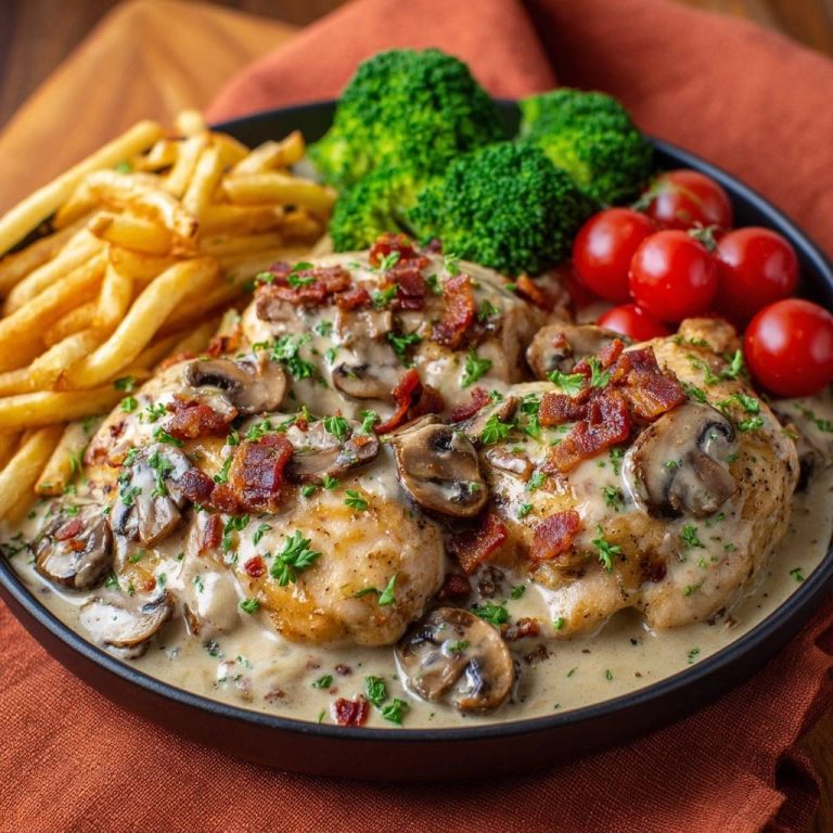 Hähnchen in cremiger Pilz-Bacon-Soße von oben serviert, mit knusprigen Pommes, Brokkoli und frischen Tomaten angerichtet.