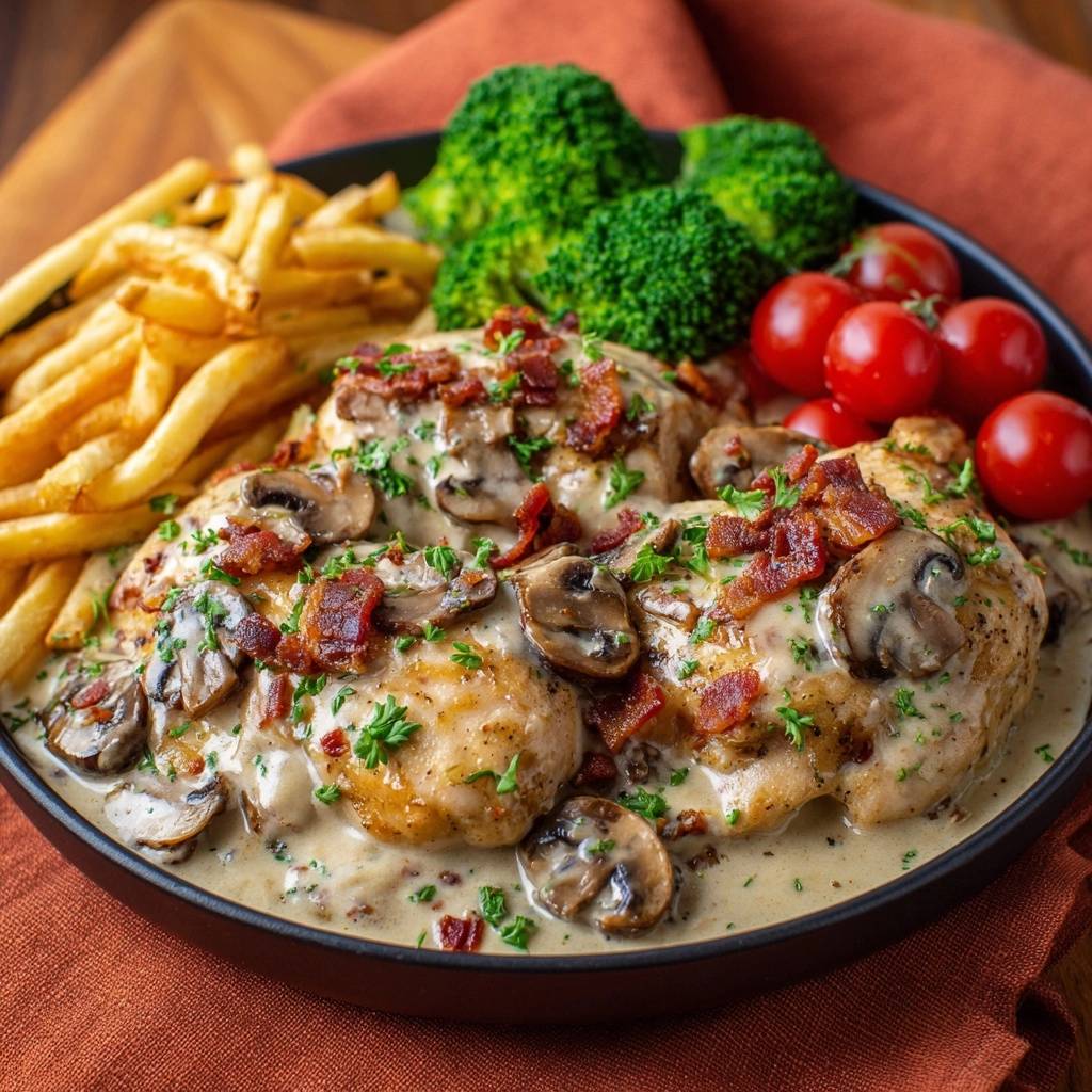 Hähnchen in cremiger Pilz-Bacon-Soße von oben serviert, mit knusprigen Pommes, Brokkoli und frischen Tomaten angerichtet.