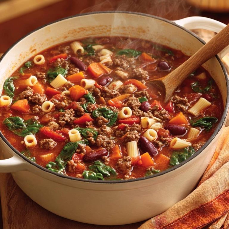Herzhaft-würzige Hack-Minestrone in einem Topf von oben betrachtet, dampfend heiß und mit einer Holzkelle serviert. Die köstliche Suppe ist voller Gemüse und Pasta.