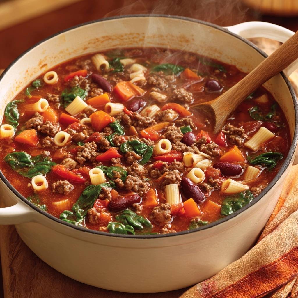Herzhaft-würzige Hack-Minestrone in einem Topf von oben betrachtet, dampfend heiß und mit einer Holzkelle serviert. Die köstliche Suppe ist voller Gemüse und Pasta.