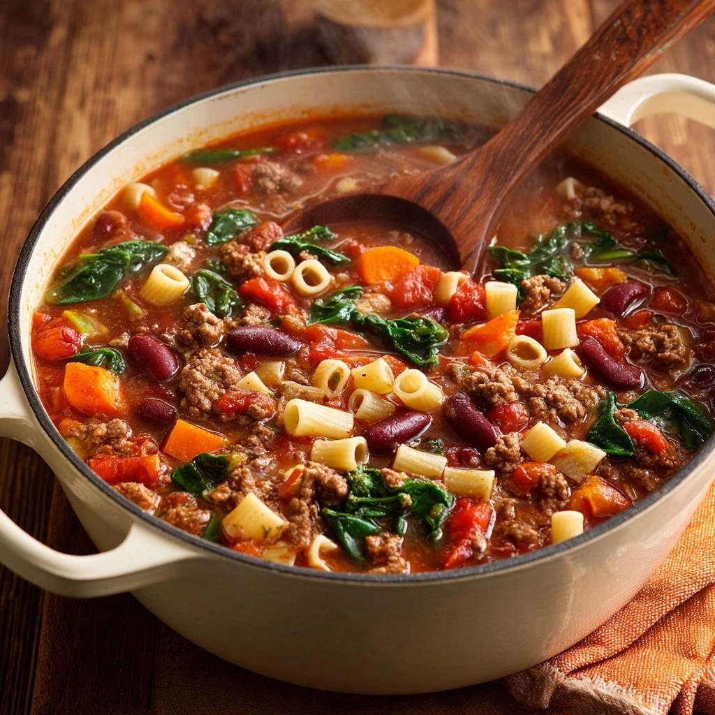 Herzhaft Wuerzige Hack Minestrone Nahaufnahme 1 Herzhaft-würzige Hack-Minestrone in einer Kochtopf-Nahaufnahme, gefüllt mit Nudeln, Hackfleisch, Gemüse und frischem Spinat.