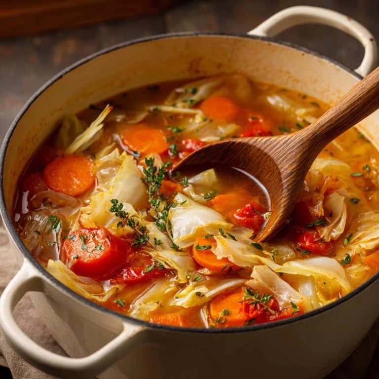 Herzhafter Weißkohleintopf mit Karotten und Tomaten in Nahaufnahme, serviert in einem Topf mit einem Holzlöffel, der die Zutaten zeigt.