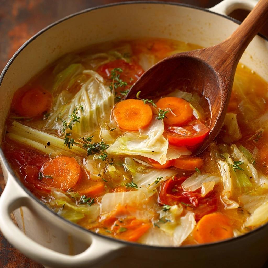 Herzhafter Weisskohleintopf Mit Karotten Und Tomaten Nahaufn 1 Herzhafter Weißkohleintopf mit Karotten und Tomaten in einer Nahaufnahme, serviert in einem Topf mit einem Holzlöffel, der Gemüse heraushebt.