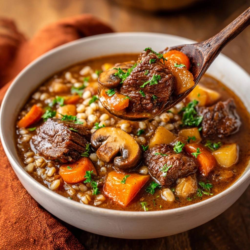Herzhaftes Rindfleisch Gersten Gulasch Auf Dem Loeffel 1 Herzhaftes Rindfleisch-Gersten-Gulasch auf einem Holzlöffel serviert. Der Eintopf zeigt saftiges Fleisch, Gemüse und Gerste in einer reichhaltigen Brühe.