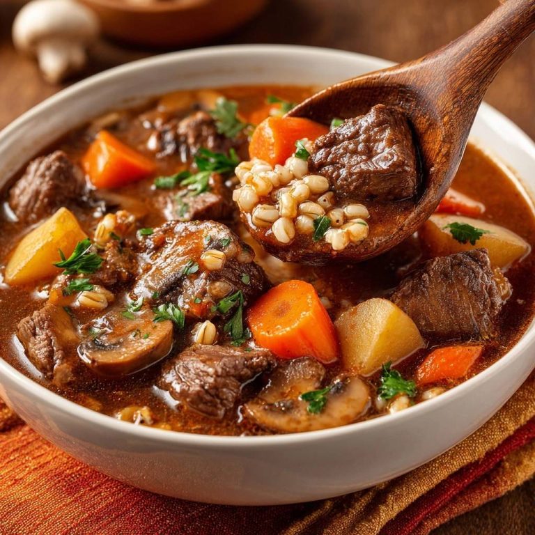 Herzhaftes Rindfleisch-Gersten-Gulasch in Nahaufnahme, serviert mit einem Holzlöffel, der saftige Fleischstücke und Gerste zeigt.