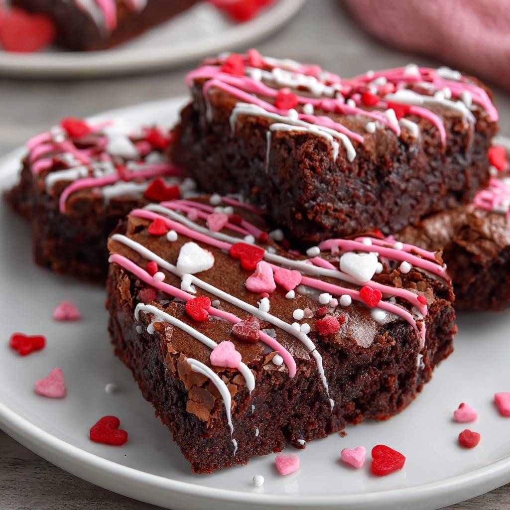 Herzige Valentine Brownies Auf Teller Serviert 1 Herzige Valentine Brownies, serviert auf einem weißen Teller, dekoriert mit süßen Herz-Streuseln und Zuckerguss. Saftige, fudgy Brownies für den Valentinstag.