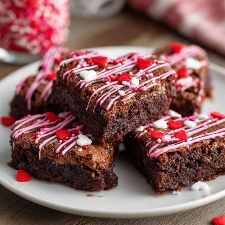 Herzige Valentine Brownies, auf einem weißen Teller serviert und mit rosa Zuckerguss und Streuseln verziert, perfekt für den Valentinstag.