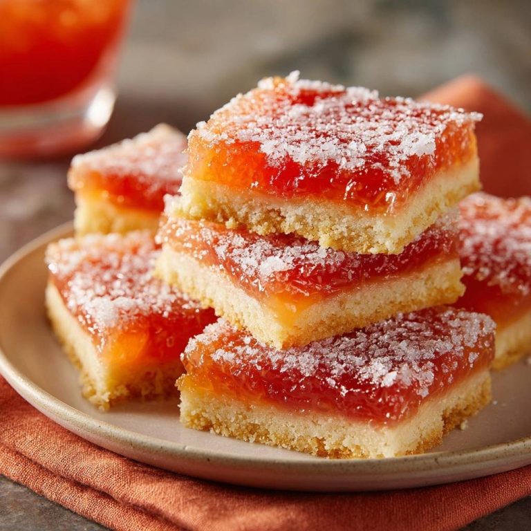 Himbeer-Gelee-Shortbread in Nahaufnahme gestapelt, mit Blick auf den saftigen Gelee und den knusprigen Shortbread-Boden. Die Gelee-Quadrate sind mit Zucker bestäubt.