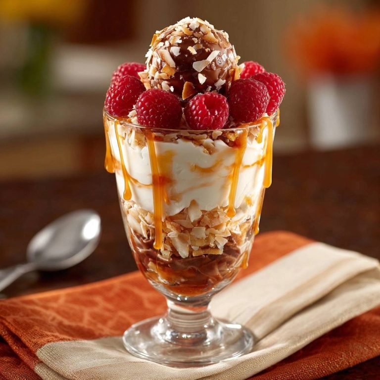 Himbeer-Karamell-Kokos-Parfait in einem Glas serviert, mit frischen Himbeeren und karamellfarbenen Soßen, die an den Seiten herunterlaufen.