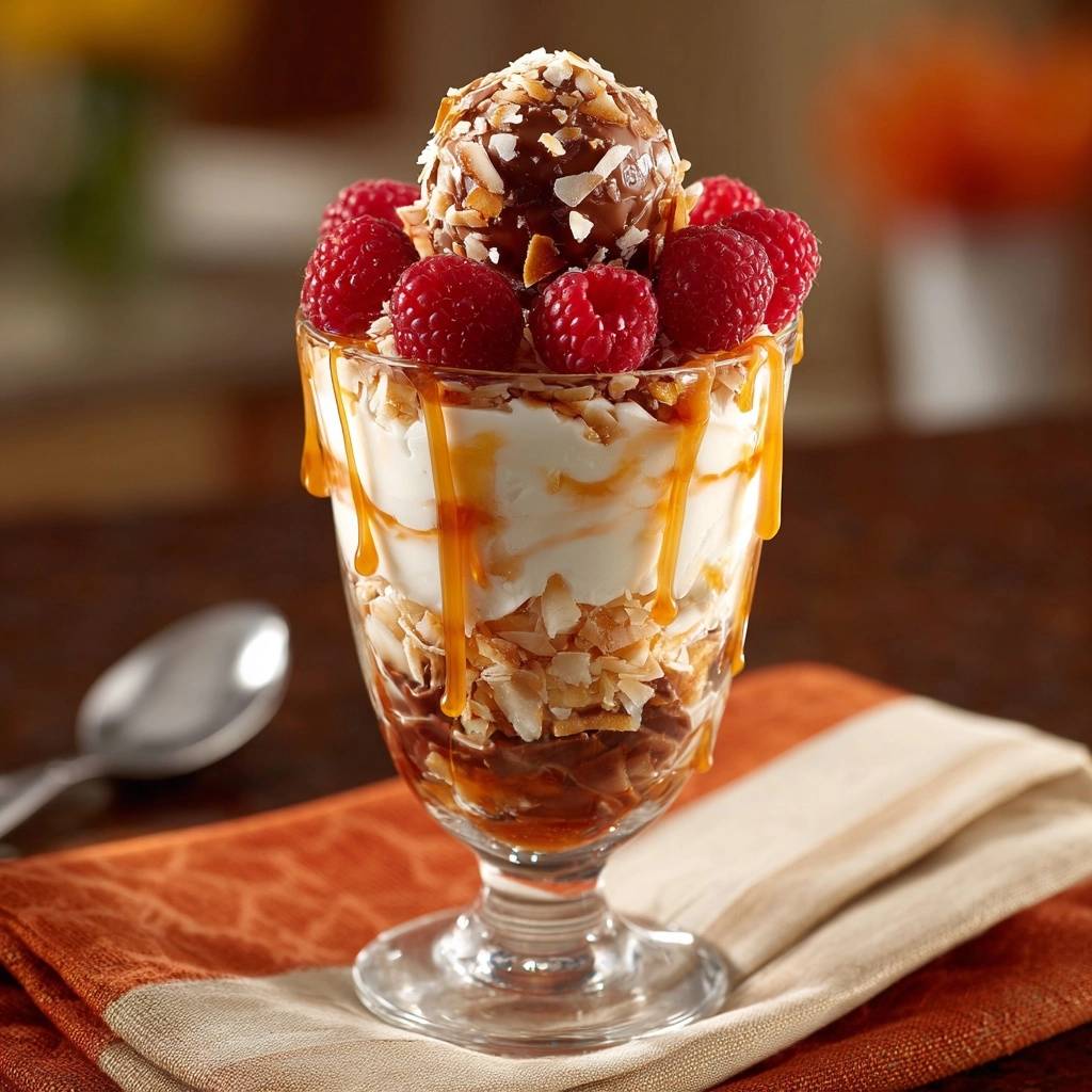 Himbeer-Karamell-Kokos-Parfait in einem Glas serviert, mit frischen Himbeeren und karamellfarbenen Soßen, die an den Seiten herunterlaufen.