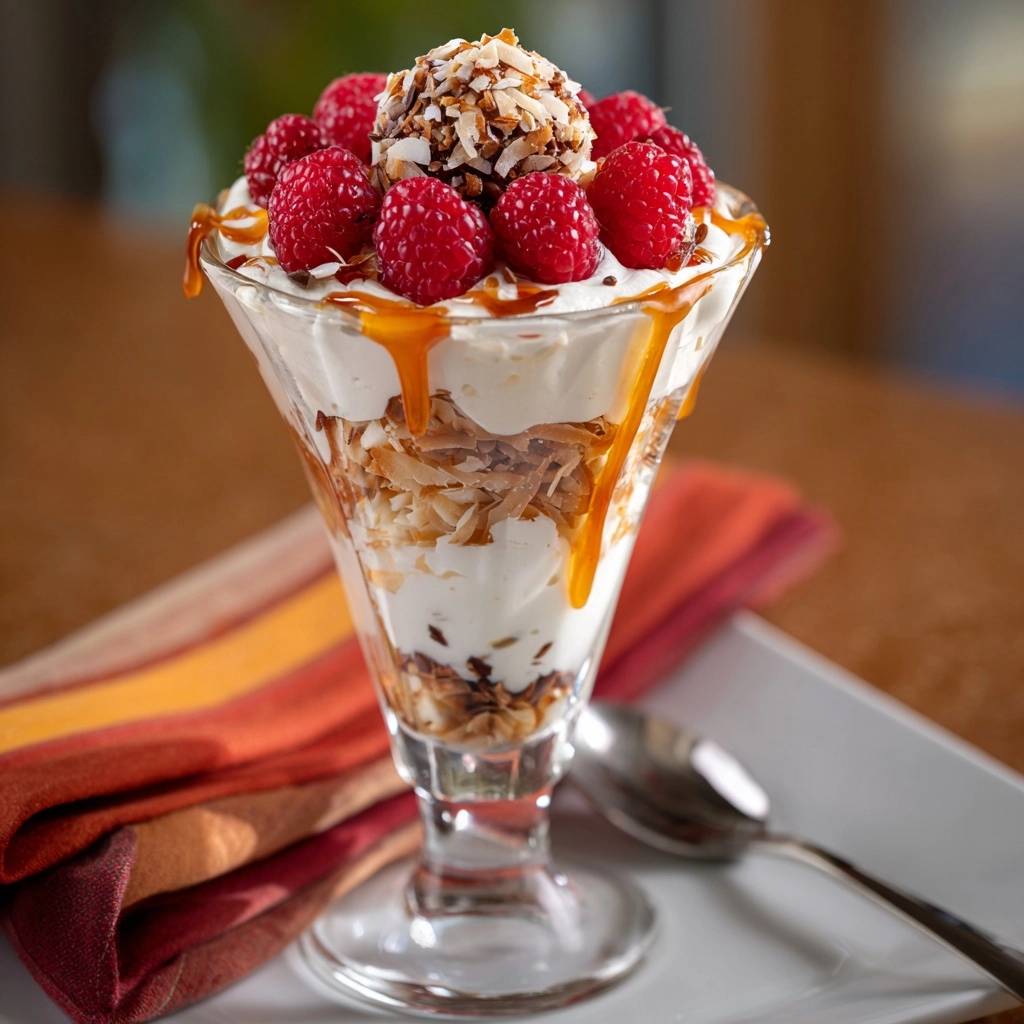 Himbeer Karamell Kokos Parfait Serviert 1 Himbeer-Karamell-Kokos-Parfait in einem eleganten Glas serviert, mit frischen Himbeeren, Karamell und gerösteten Kokosflocken garniert.